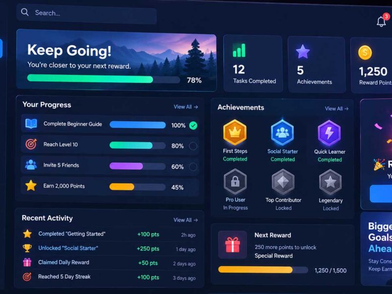 Modern UI dashboard featuring interactive progress bars and achievement badges