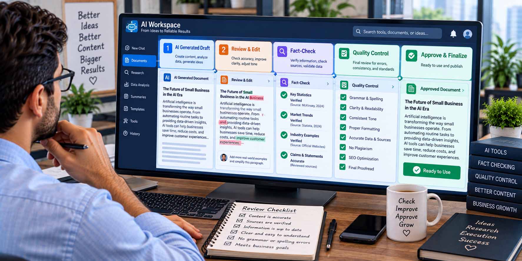 Human review of AI-generated business work for accuracy and quality control