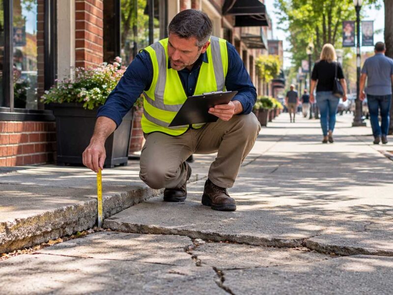 Maintenance professional inspecting uneven pavement and cracked concrete while assessing sidewalk accident liability.