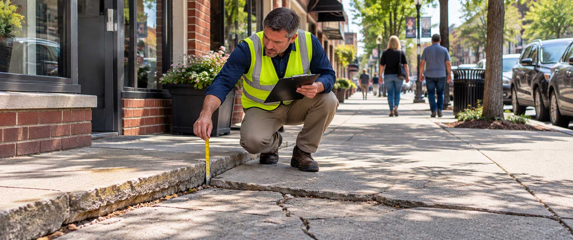 Maintenance professional inspecting uneven pavement and cracked concrete while assessing sidewalk accident liability.
